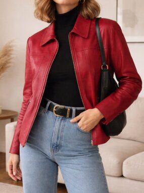 Wilsons Leather • Vintage Maroon Red Leather Jacket Zip